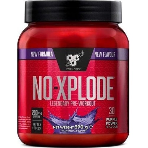 BSN NO-Xplode Legendary Pre-Workout 390g Purple Power flavour, a pre-workout supplement with 200mg caffeine per serving, in a red tub with black lid.
