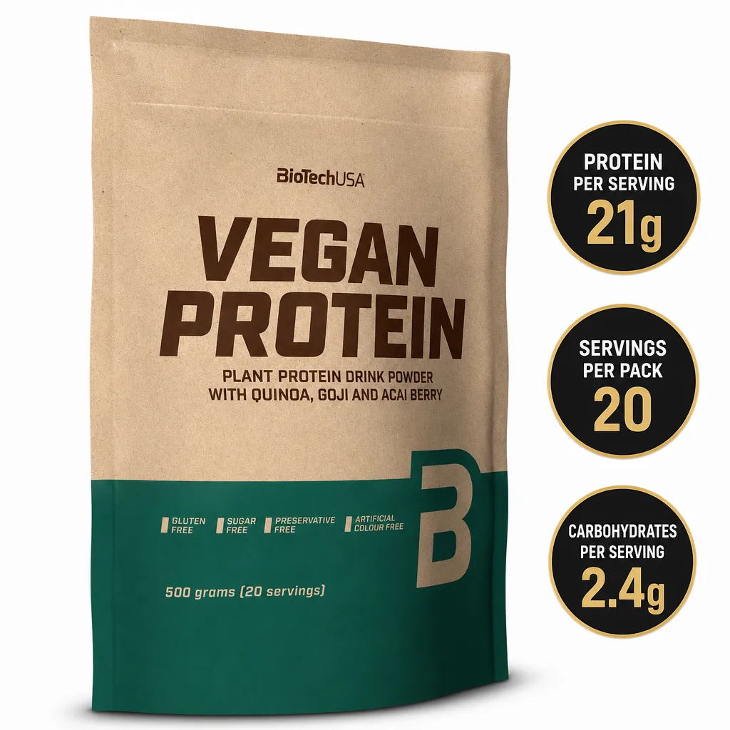 BioTech USA Vegan Protein 500g plant protein drink powder with quinoa, goji and acai berry, in a beige and green pouch
