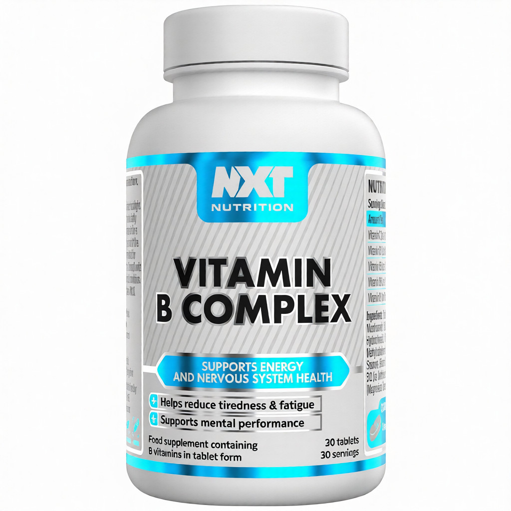 NXT Nutrition Vitamin B Complex 60 Tabs bottle, white plastic container with blue and yellow label, 60 tablets