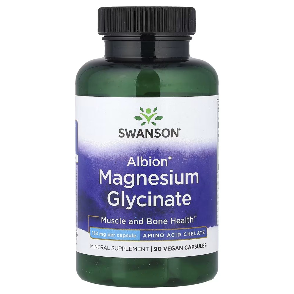 Swanson Albion Magnesium Glycinate 133mg 90 vegan capsules, a mineral supplement for muscle and bone health, in a green bottle with a purple and white label.