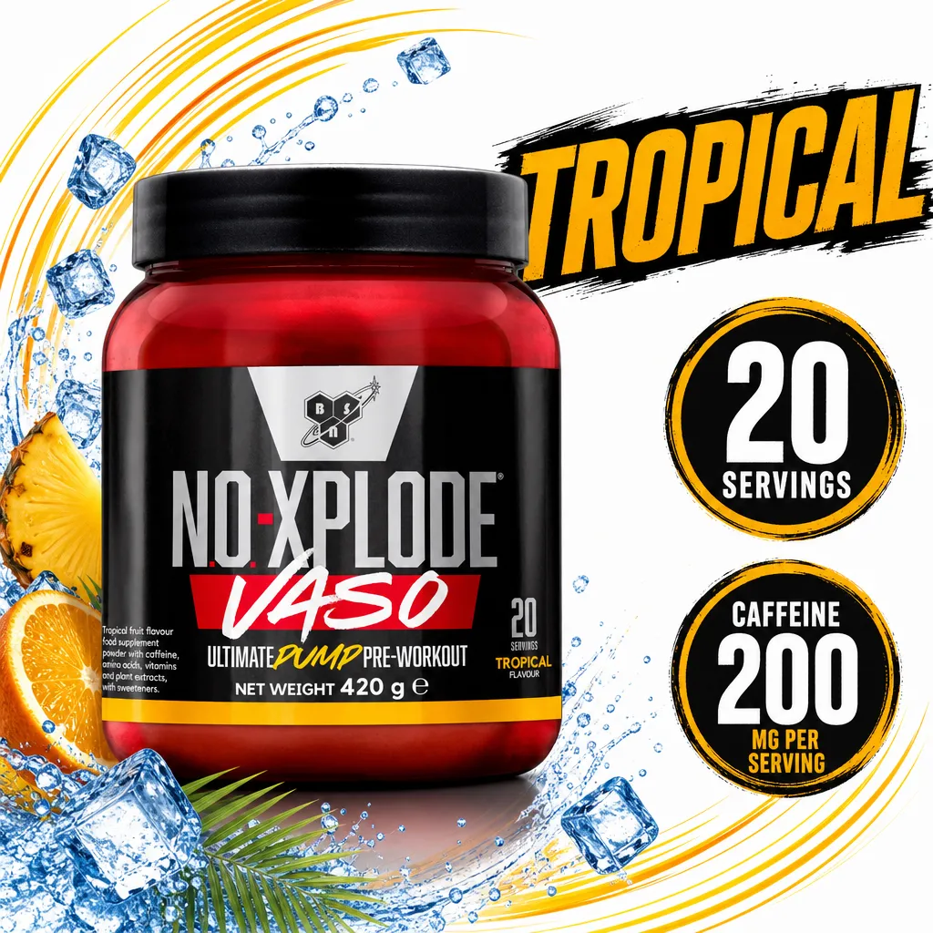 BSN NO Xplode Vaso tropical pre-workout powder, 420g tub with 20 servings and 200mg caffeine per serving