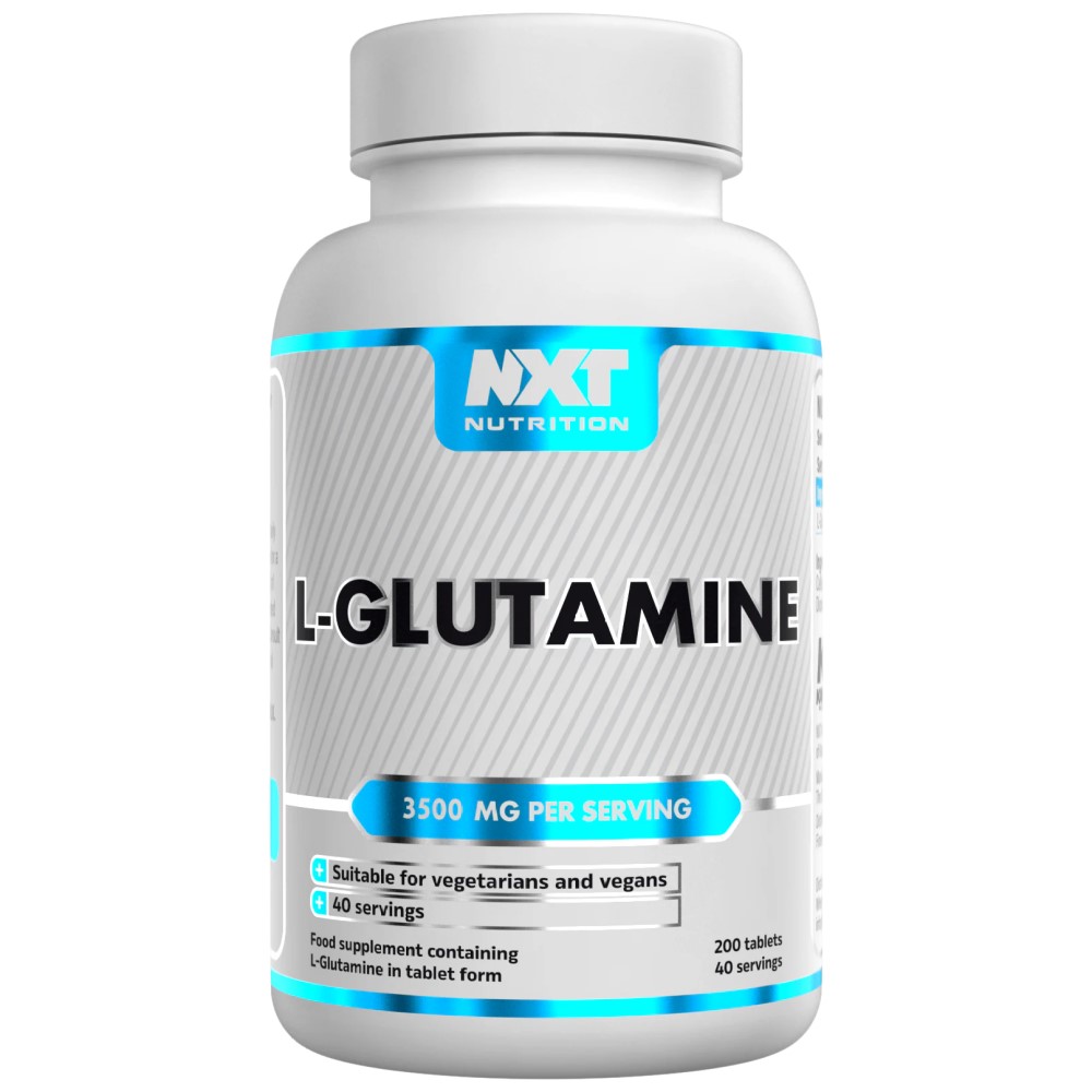 NXT Nutrition Glutamine 200 Tabs bottle, white container with label, containing 200 vegan-friendly tablets