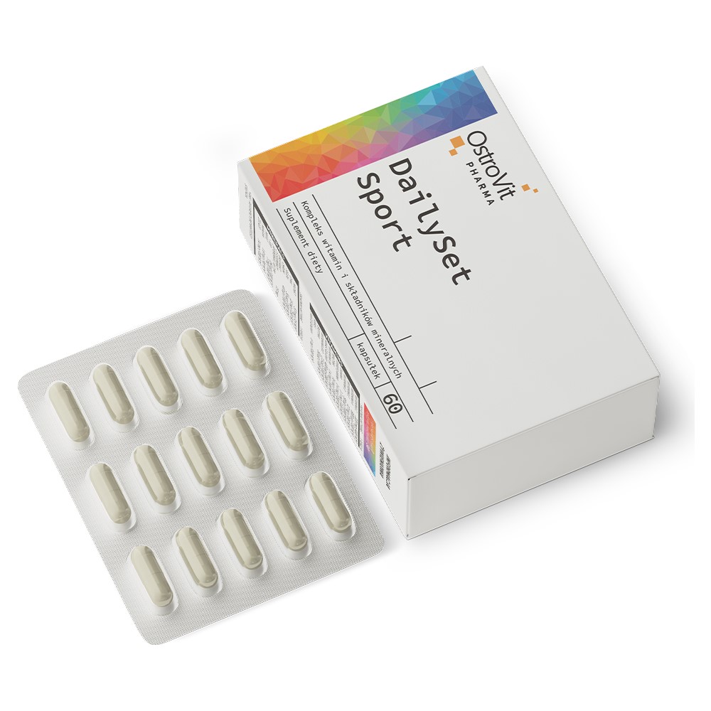 OstroVit Pharma DailySet Sport 60 Caps bottle, white plastic container with blue and gold label, 60 capsules