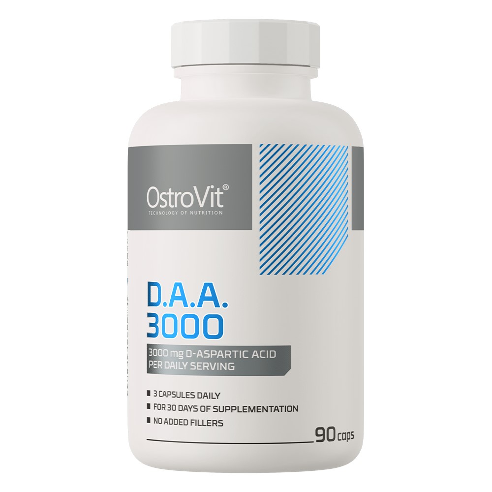 OstroVit D.A.A. 3000 90 caps dietary supplement with 3000 mg D-aspartic acid per daily serving, white bottle with blue and grey accents.