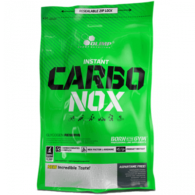 Olimp Carbo-Nox Instant 1000g carbohydrate powder supplement in a bright green resealable pouch, suitable for athletes and active individuals.