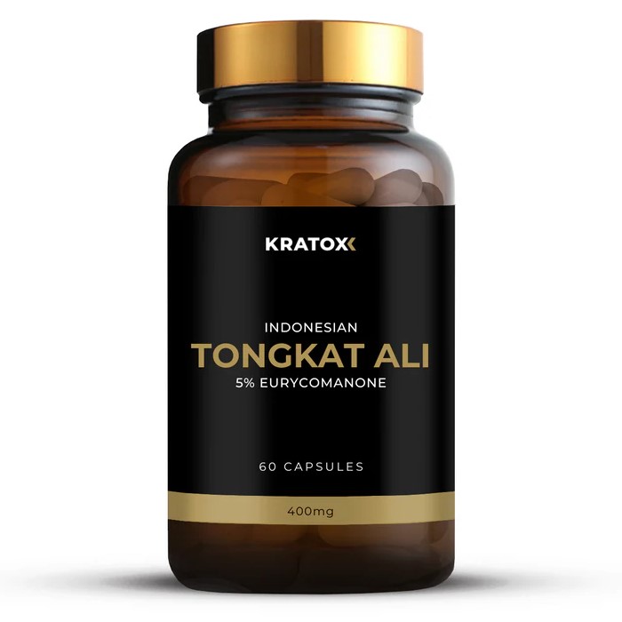 Kratox Indonesian Tongkat Ali 400mg 60-capsule bottle, white container with product label and branding