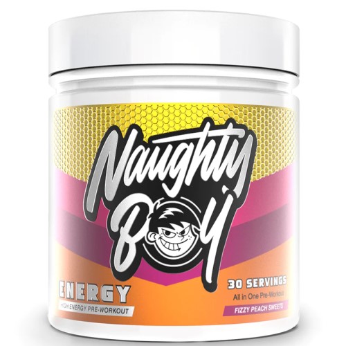 Naughty Boy Energy Pre-Workout high energy supplement, 30 servings, fizzy peach sweets flavour, in a white tub with yellow and pink label design.