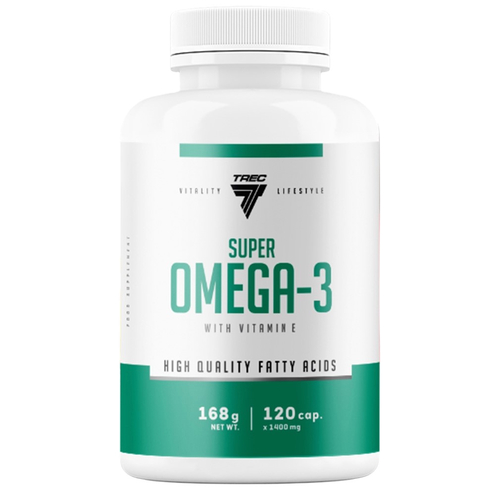 Trec Super Omega-3 high quality fatty acids supplement with vitamin E, 120 capsules, 168g net weight, white and green bottle.