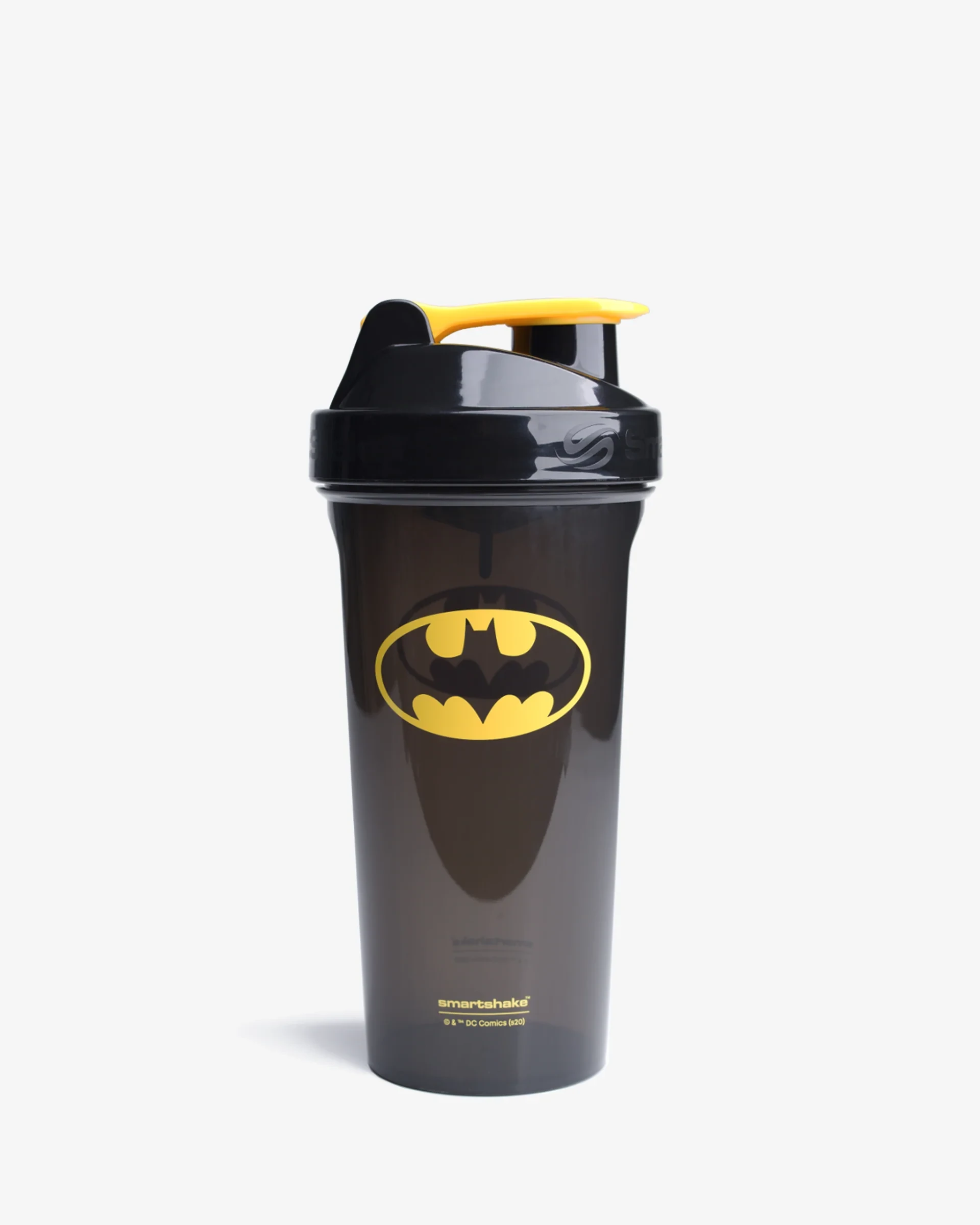 SmartShake Lite DC Comics Batman 800ml shaker bottle featuring the iconic yellow Batman logo on a black body with a yellow flip cap, ideal for fitness and hydration.