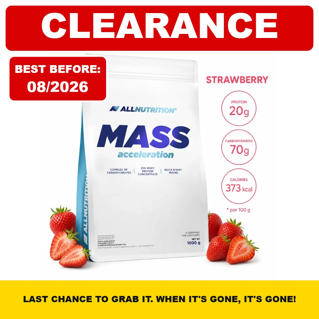 AllNutrition Mass Acceleration 1000g strawberry mass gainer with whey protein, carbohydrates, and 20g protein per serving