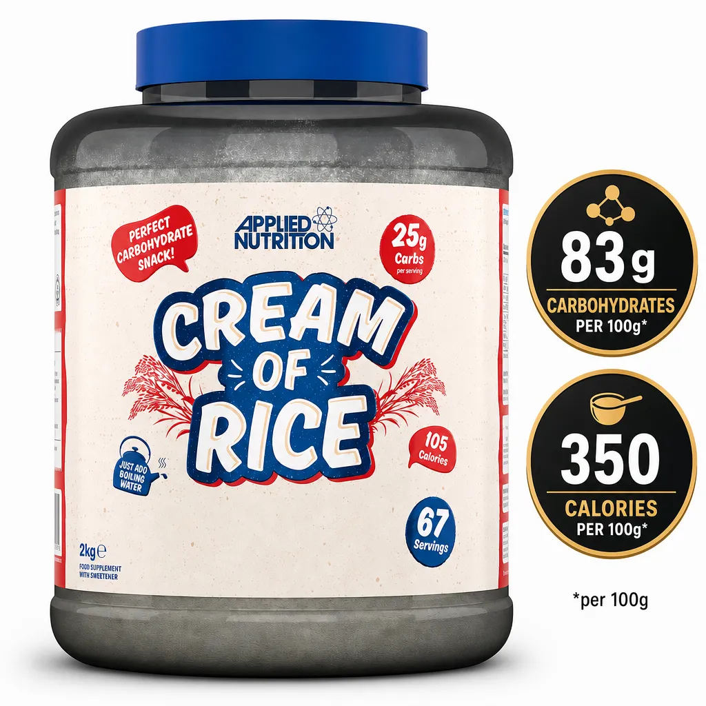 Applied Nutrition Cream Of Rice 2kg carbohydrate supplement in a large tub with 67 servings