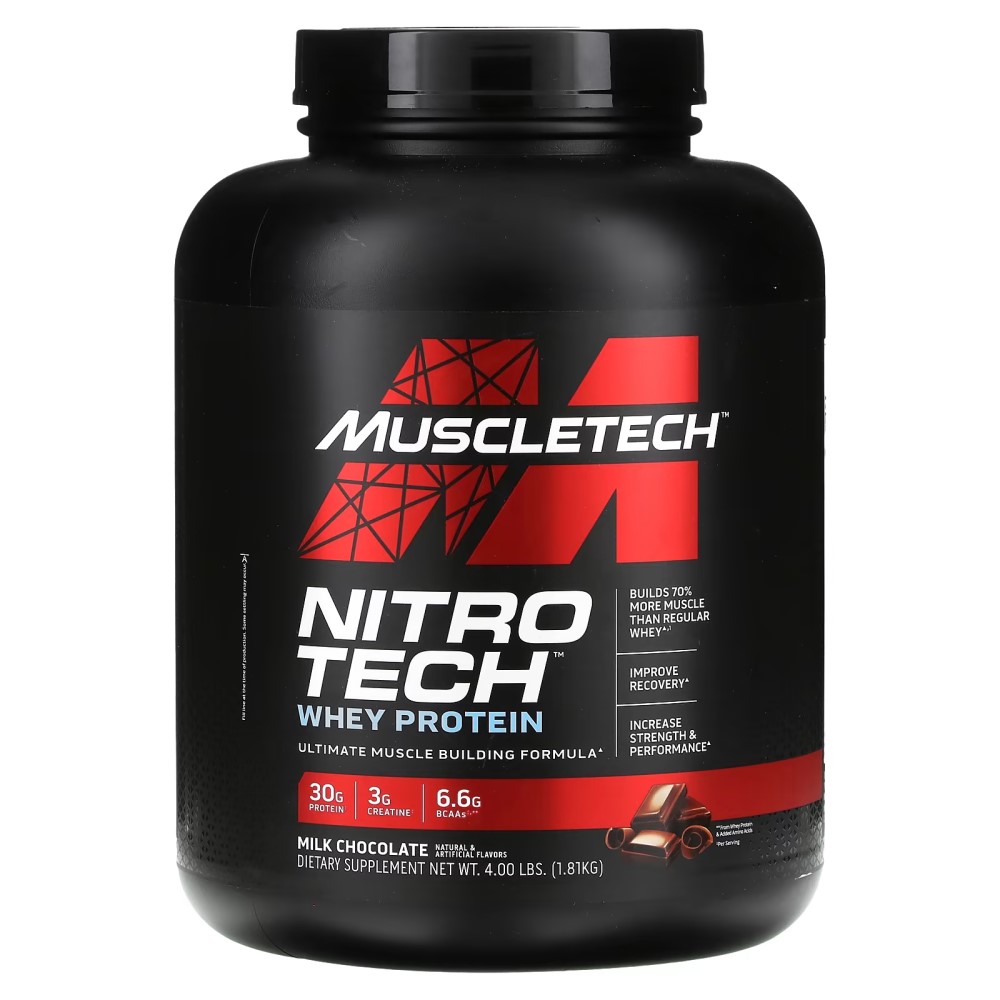 MuscleTech Nitro-Tech 40 Servings whey protein powder in a large black container with bold branding and product details
