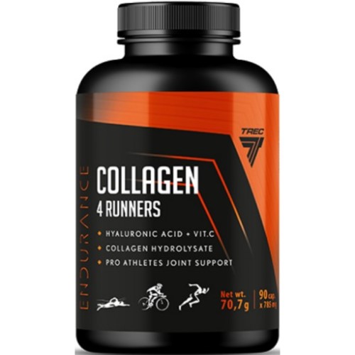 Trec Collagen 4 Runners 90 caps joint support supplement with hyaluronic acid, vitamin C, and collagen hydrolysate, designed for athletes and runners, in a black and orange bottle.