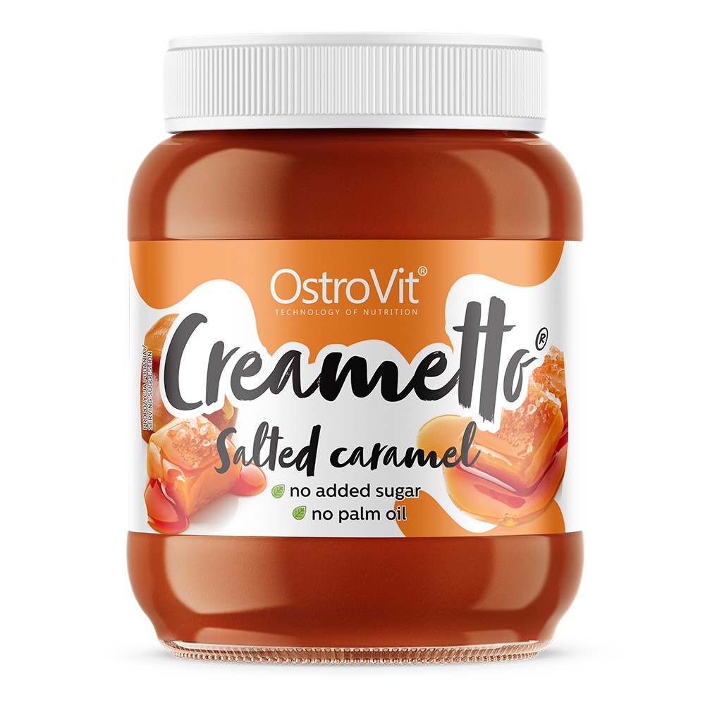 OstroVit Creametto salted caramel spread, no added sugar and no palm oil, in a brown and white jar with caramel imagery on the label.