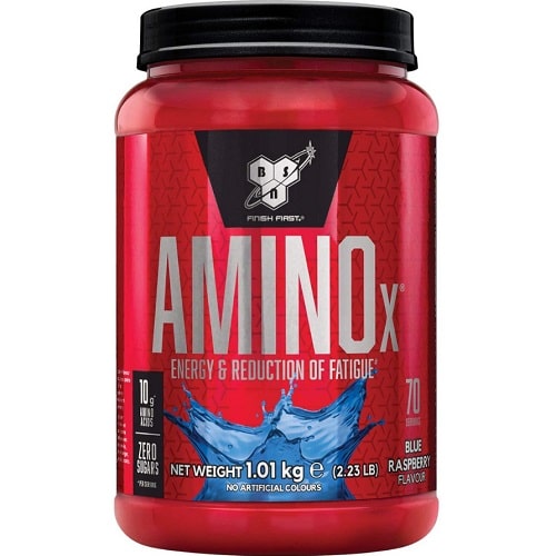 BSN Amino X 1.01kg blue raspberry flavour amino acid supplement powder in a red container, designed for energy and fatigue reduction.