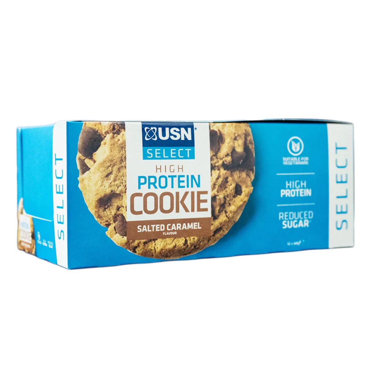USN Select Cookie 60g x12 box with individually wrapped high-protein cookies, featuring dark chocolate chips.