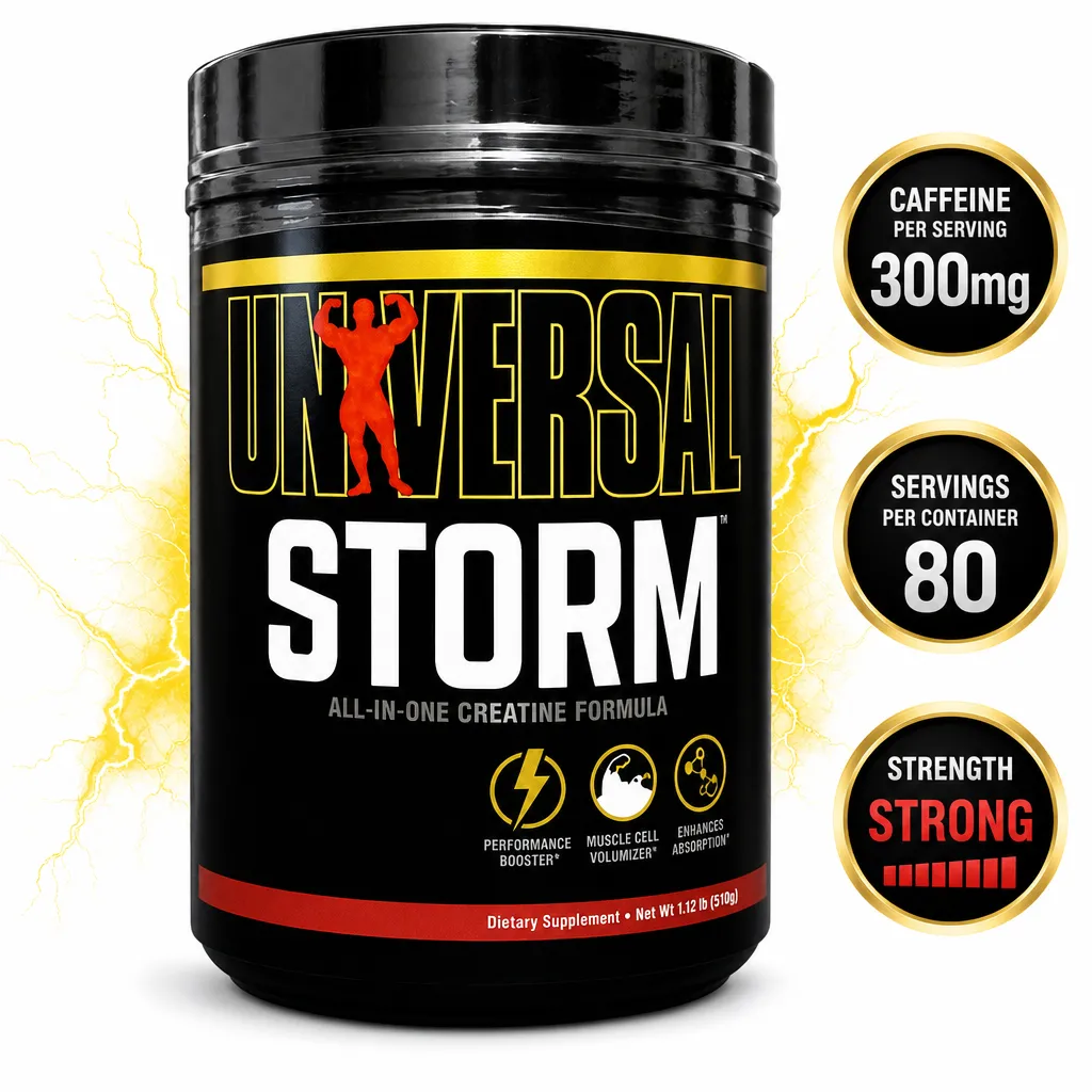 Universal Nutrition Storm creatine supplement, 80-serving black tub with an all-in-one formula label and bold red, white and yellow design.