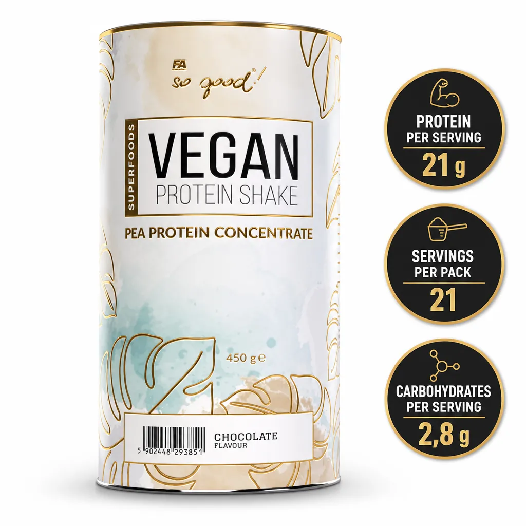 FA So Good! Vegan Protein Shake 450g is a chocolate-flavour vegan pea protein powder in a white tub.