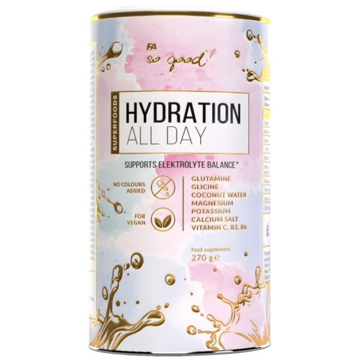 FA So Good! Hydration All Day 270g hydration supplement with electrolytes, coconut water, and vitamins, suitable for vegans, in a pastel and gold-themed container.