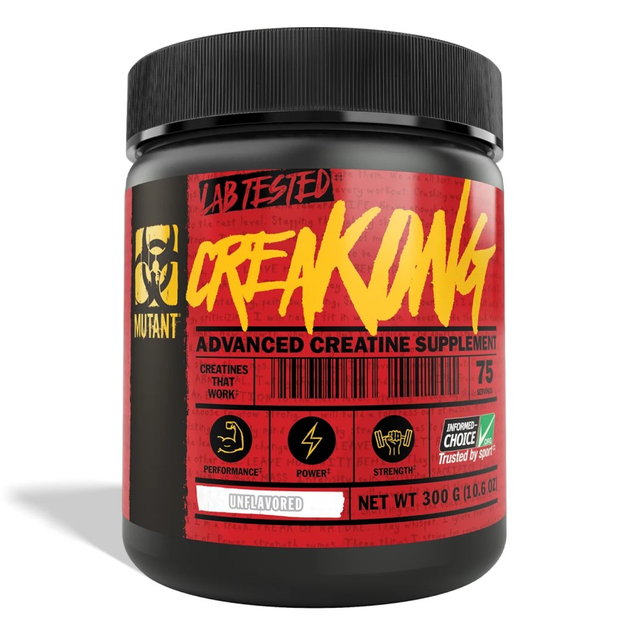 Close-up of Mutant Creakong 300g Unflavoured powder, showing fine white creatine blend for mixing with beverages.