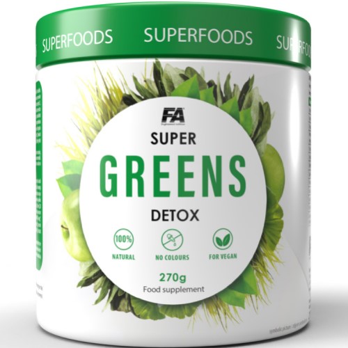 FA Nutrition Super Greens Detox 270g vegan-friendly natural superfood supplement with no colours, suitable for detox and health support, in a white and green tub.