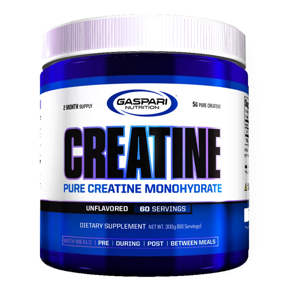 Gaspari Nutrition Creatine Pure Creatine Monohydrate 300g unflavored dietary supplement, 60 servings, in a blue and white container.
