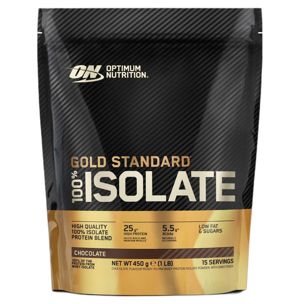 Optimum Nutrition Gold Standard 100% Isolate 450g black and gold tub with bold branding and product details on label