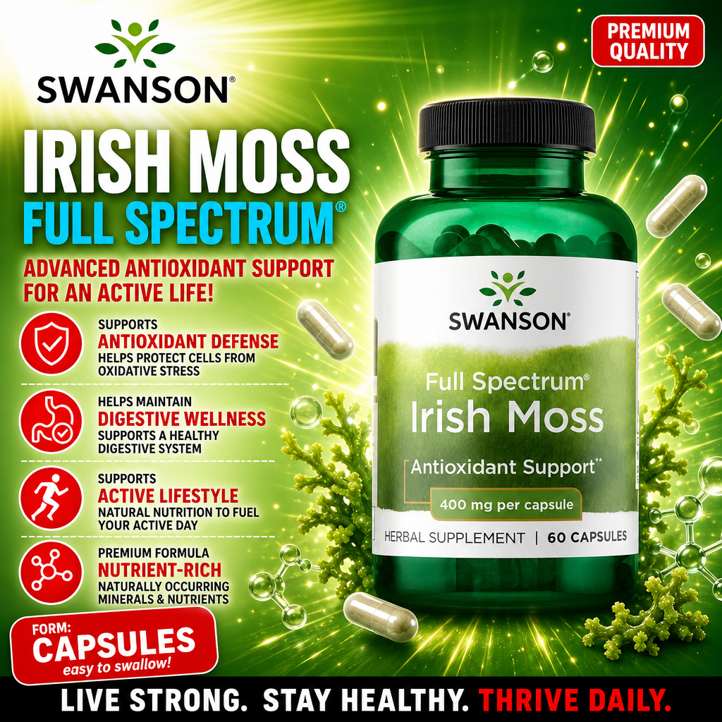 Swanson Full Spectrum Irish Moss 400mg per capsule, antioxidant support herbal supplement in a green bottle, 60 capsules, with nutrient-rich formula and digestive wellness benefits.