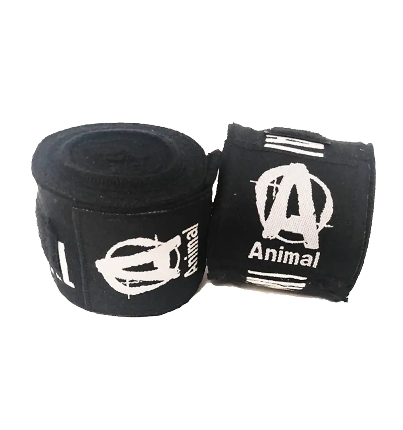 Universal Nutrition Animal Fight Wraps 5m 2x are black elastic hand wraps with white Animal branding, designed for wrist and hand support in combat sports.