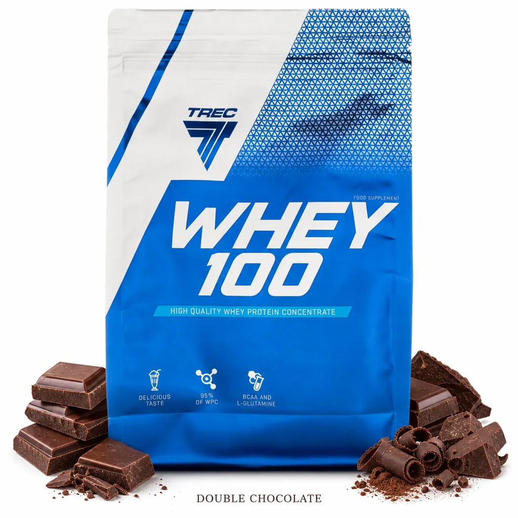 Trec Nutrition Whey 100 700g Double Chocolate whey protein concentrate, high in protein with BCAAs and L-glutamine, suitable for muscle growth and recovery.
