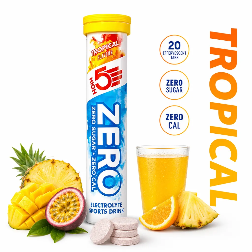 High5 Sports Nutrition Electrolyte Zero tropical flavour, 20 zero-sugar effervescent electrolyte tabs in a tube