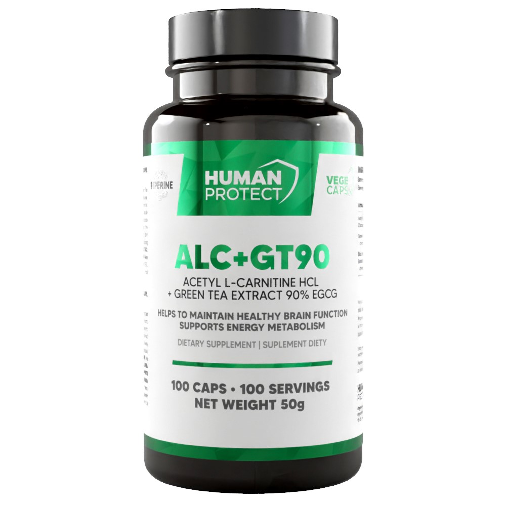 Human Protect ALC+GT90 acetyl L-carnitine HCL and green tea extract dietary supplement, 100 capsules, white and green label.