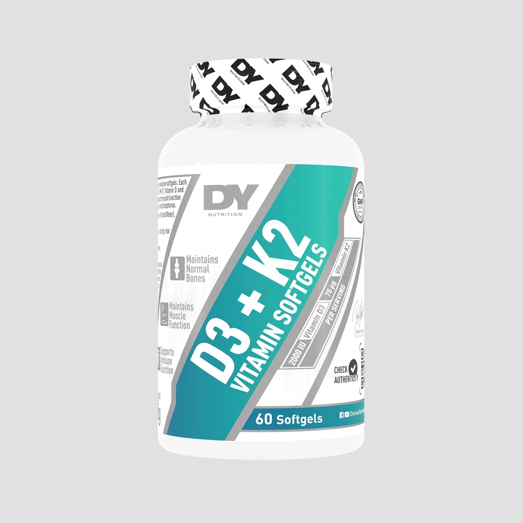 Dorian Yates Vitamin D3 + K2 60 Softgels, vitamin supplement with 2000 IU vitamin D3 and vitamin K2