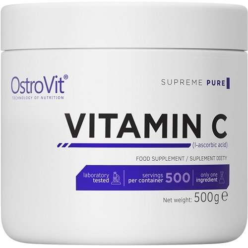 OstroVit Vitamin C 500g unflavoured ascorbic acid food supplement in a white container, Supreme Pure line, laboratory tested, 500 servings per container.