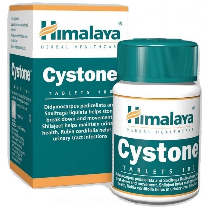 Himalaya Cystone Tablets 100, herbal supplement for urinary tract health, green and white bottle and box packaging