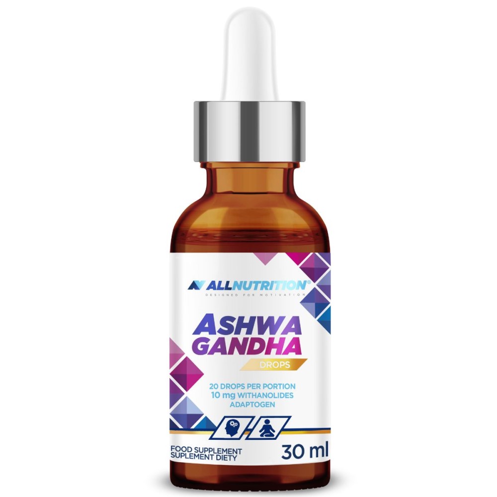 Allnutrition Ashwagandha Drops 30ml adaptogen food supplement with 10 mg withanolides per portion in a brown glass dropper bottle.
