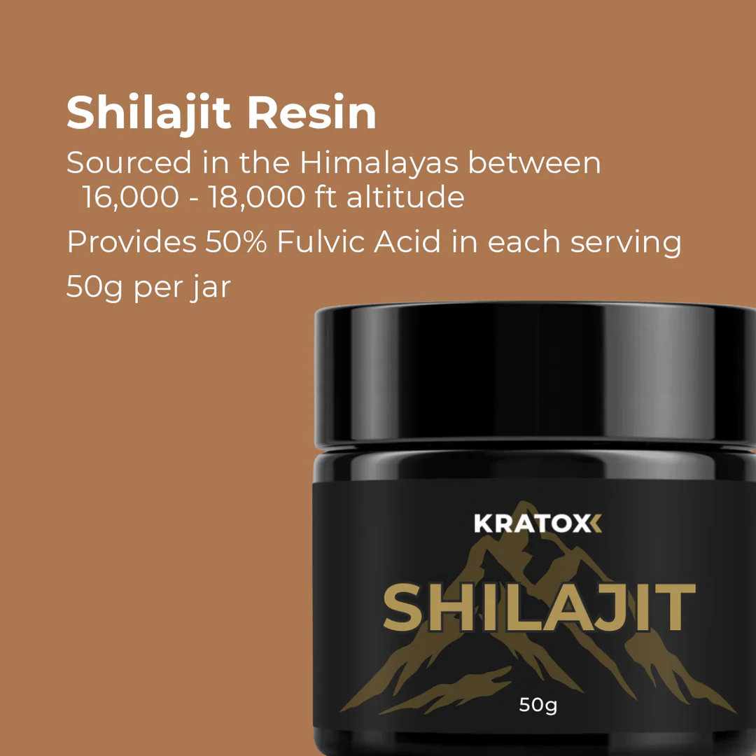 Close-up of Kratox Shilajit Resin, showing dark, viscous resin texture inside the glass jar.