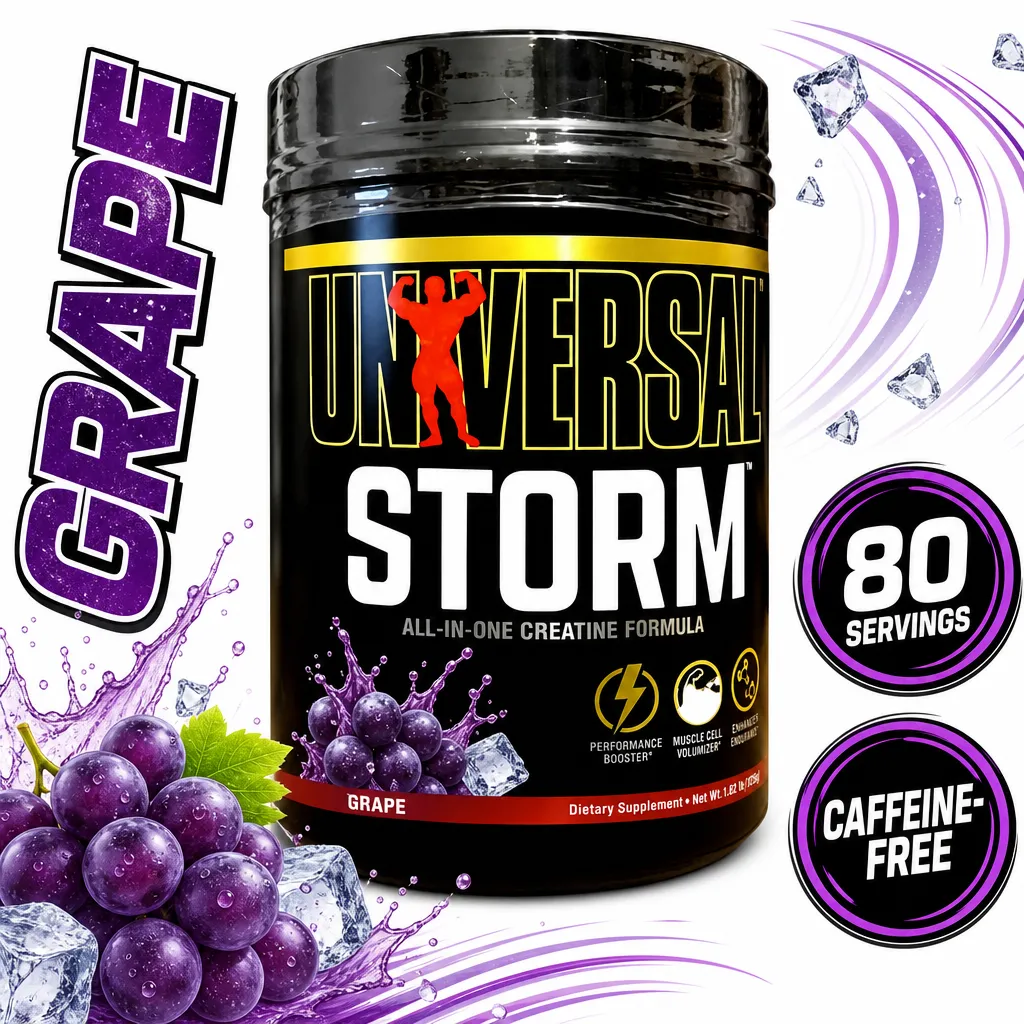 Universal Nutrition Storm creatine supplement in grape flavour, 80 servings, shown in a black tub with purple grape design