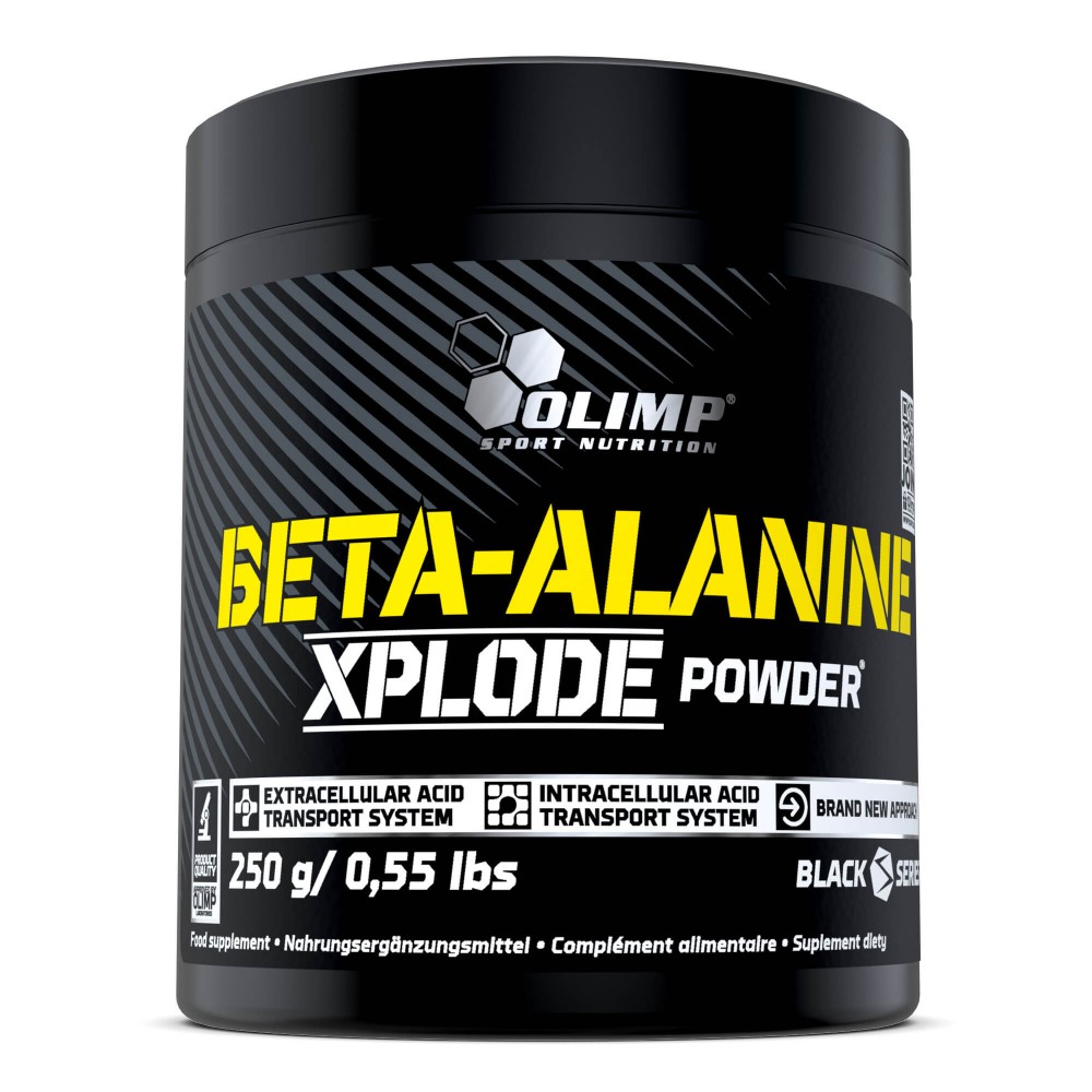 Olimp Beta Alanine Xplode 250g by Olimp Nutrition, orange-flavored powder supplement in a black plastic tub