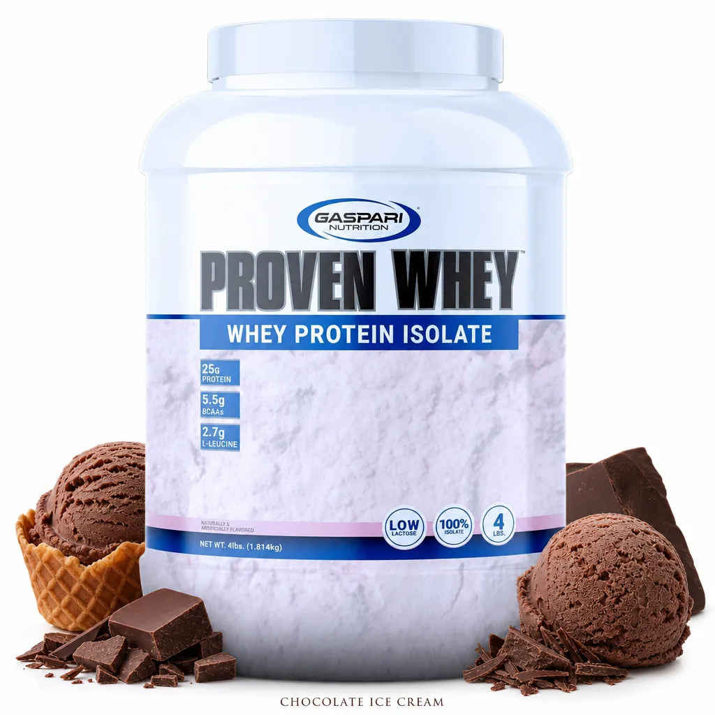 Gaspari Nutrition Proven Whey 2.0 1814g whey protein isolate in chocolate ice cream flavor, featuring 25g protein per serving, low lactose, and 100% isolate formula.