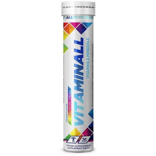 Allnutrition Vitaminall 20 Effervescent Tabs Orange is a multivitamin and mineral food supplement in effervescent tablet form, with orange flavour, in a white tube with colourful geometric accents.