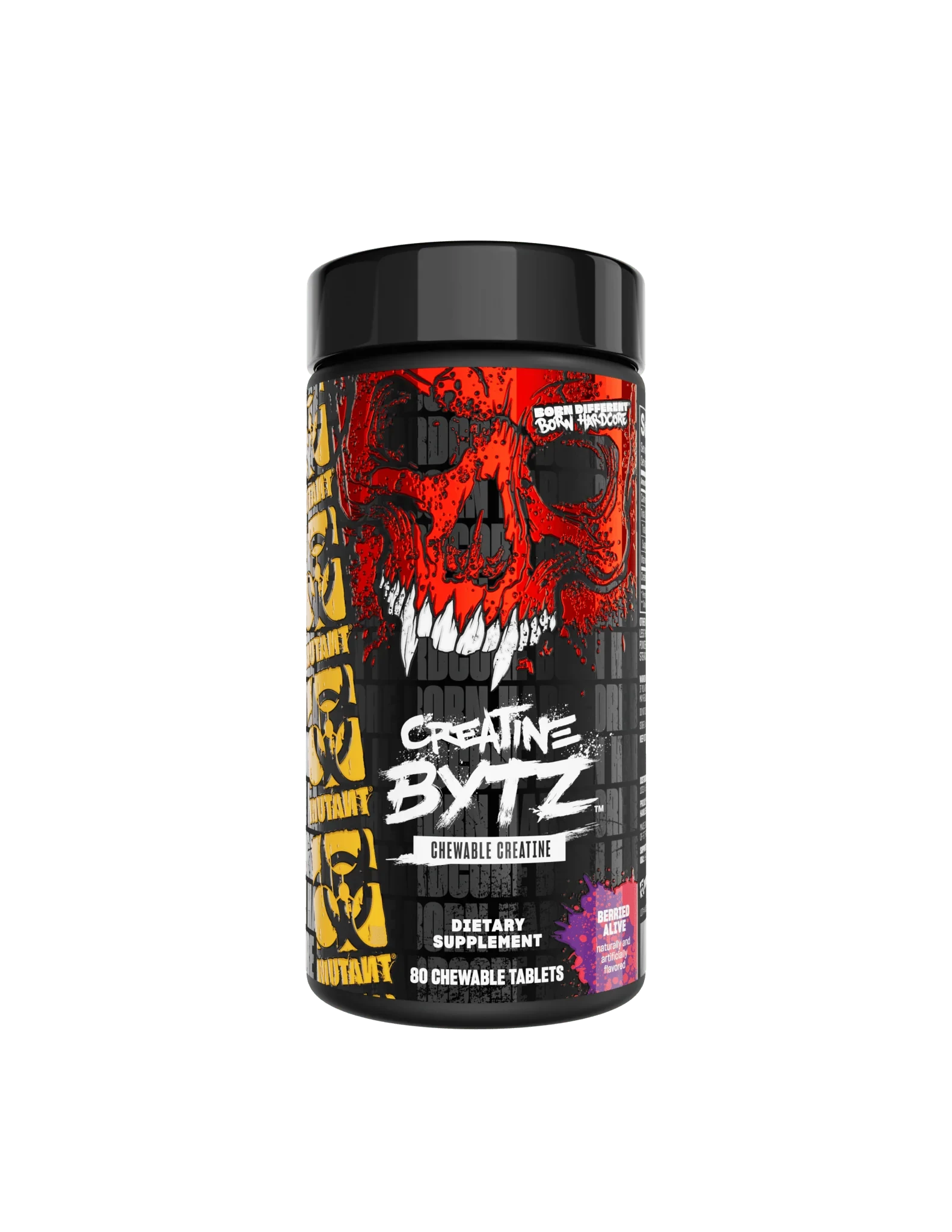 Mutant Creatine Bytz Chewables 80 Tabs, Berried Alive flavor, chewable creatine monohydrate supplement for muscle strength, in a black and red container.