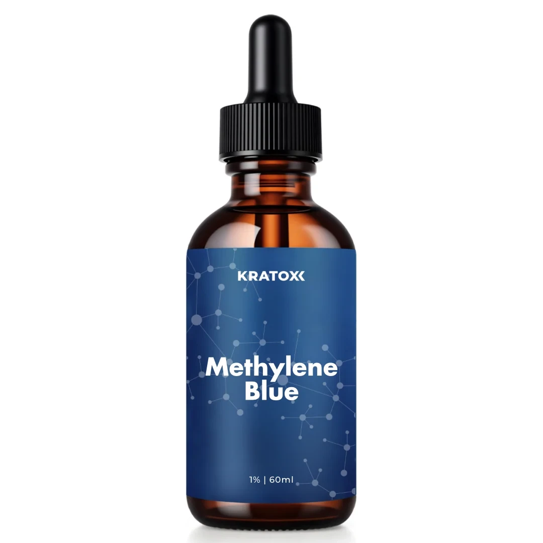 Kratox Methylene Blue is a 1% liquid in a 60 ml amber dropper bottle with a blue label.