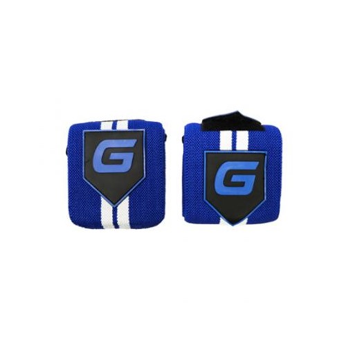 Gaspari Nutrition Wrist Wraps blue and white, a pair of supportive fitness accessories designed for wrist stability during weightlifting, featuring a blue color with white stripes and the Gaspari logo.