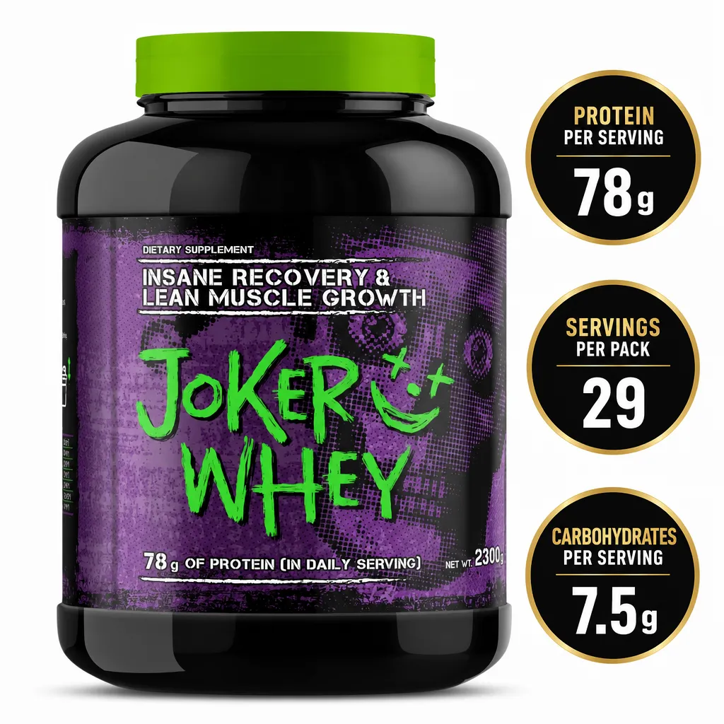 Joker Nutrition Joker Whey 2300g whey protein powder in a black tub with a purple and green label