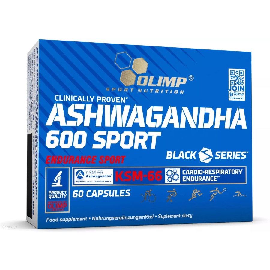Olimp Ashwagandha 600 Sport KSM-66 60 capsules, a dietary supplement for endurance and cardio-respiratory support, in blue Black Series packaging.