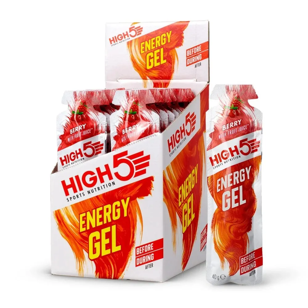 High5 Energy Gel Berry 40g sports nutrition gel with fruit juice, designed for energy boost before and during exercise, in a white and red sachet box.