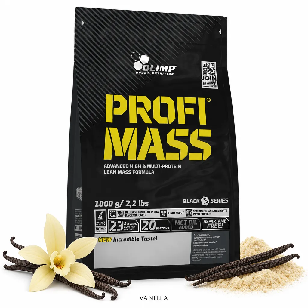 Olimp Nutrition Profi Mass 1000g vanilla protein-carbohydrate powder for muscle growth, featuring a balanced protein-carb ratio and added MCT oil, L-glutamine, and taurine.