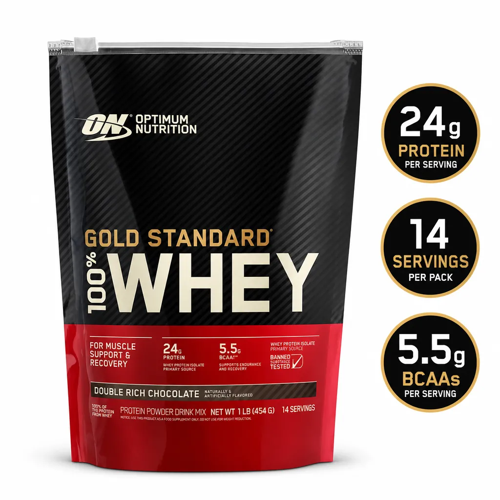 Optimum Nutrition Gold Standard 100% Whey protein powder, Double Rich Chocolate flavour, 450g pack with 24g protein per serving