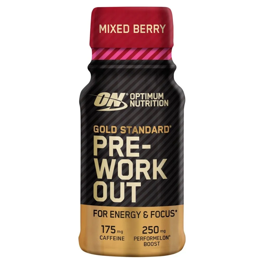 Optimum Nutrition Gold Standard Pre-Workout Energy Shot Mixed Berry 60ml offers a ready-to-drink pre-workout boost with 175mg caffeine and 250mg PerforMelon Boost.